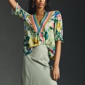 Bl^nk Anthropologie Stephanie top Light Green floral
